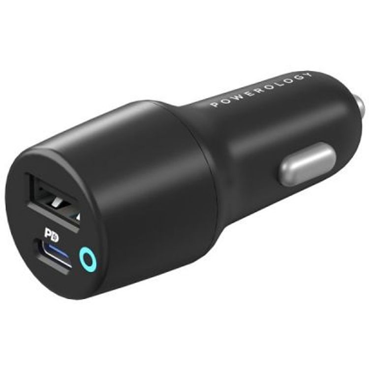 Powerology Dual Port Car Charger with PD 20W, USB-A & USB-C Ports, USB-C to Lightning Cable, 90cm Cable Length, Power Dash 3.0, Fast Charging - Black