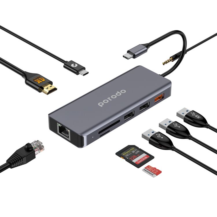 Porodo 9-in-1 USB-C Hub 4K HDMI Ethernet with 100W Power Delivery, 3.5mm Aux, USB-C Version 3.2, 10Gbps Data Transfer Speed, SD & Micro SD Memory Slot - Gray