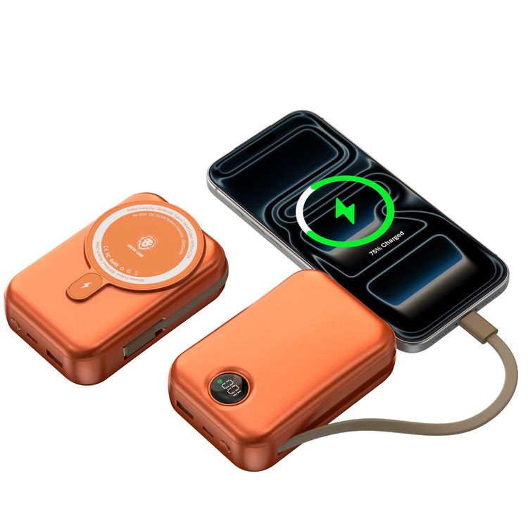Green Lion 20000mAh Monaco MagSafe Power Bank with Built-in Type-C Cable, LCD Display, 20W Power Delivery, Magnetic Attraction, Compact Design - Orange