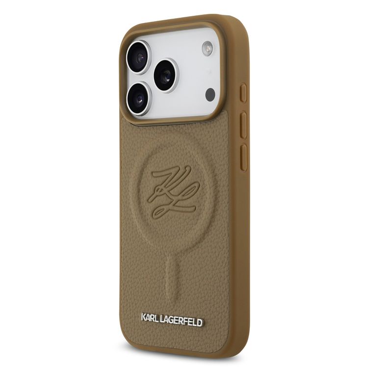 حافظة Karl Lagerfeld MagSafe من الجلد الصناعي لجهاز iPhone 17 Pro Max مع شعار بالحفر، تصميم نحيف، حماية من السقوط، تركيب سهل، تغليف مستدام، قبضة مريحة، تصميم خفيف الوزن - بني
