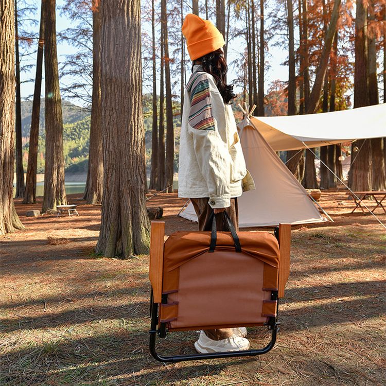 Porodo Lifestyle Camping Foldable Chair with 150kg Load Capacity, Aluminum Frame + 600D Oxford Cloth + Beech Wood Material - Brown