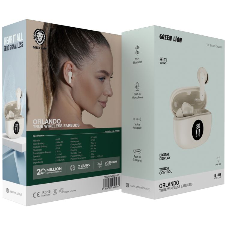 Green Lion Orlando True Wireless Earbuds with Digital Display, HiFi Sound, Built-in Microphone, Voice Assistant, 4.5 Hours Playtime, Type-C Charging - Beige