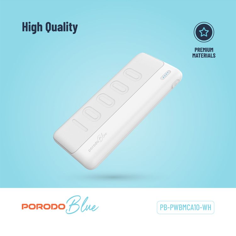 Porodo Blue 10000mAh Slim Power Bank with Dual USB-A Output, Lightweight & Compact Design, Type-C Input, LED Indicator - White