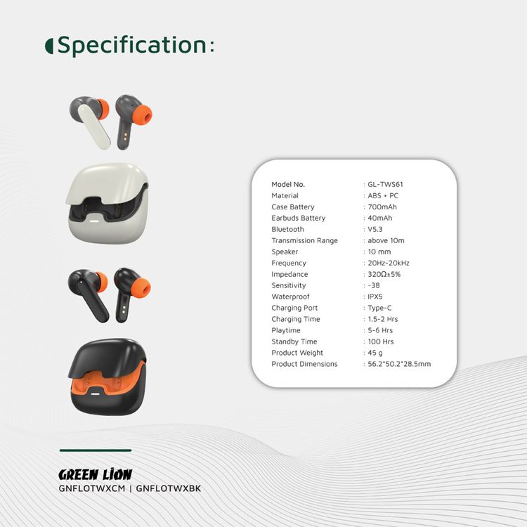 Green Lion Florence True Wireless Earbuds with Touch Control, Low Latency Mode, Voice Assistant, Quad -Mic with ENC Technology, Gaming Mode, Up to 6 Hours Play Time, 100 Hours Standby Time, Type-C Charging Port, Above 10m Transmission Range - Cream