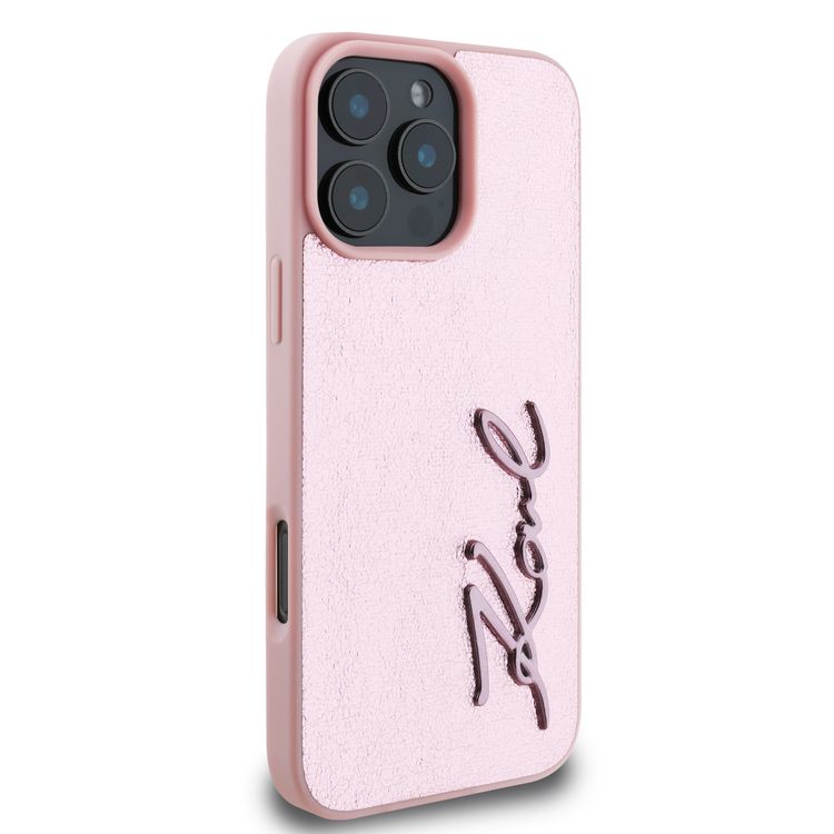 Karl Lagerfeld Wrinkled Design PU Hard Case with Metal Signature Logo for iPhone 16 Pro Max, Slim Profile, Comfortable Grip, Drop Protection, Lightweight, Sustainable Packing - Pink 