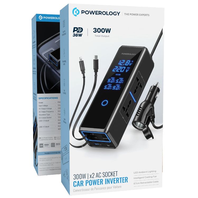 Powerology 300W Car Power Inverter with Dual AC Sockets, Silent Cooling Fan, LED Ambient Lighting, 36W Power Delivery, USB-C & USB-A Ports, Touch Control Switch, Real-Time Voltage Display, Built-in USB-C & Lightning Cables - Black