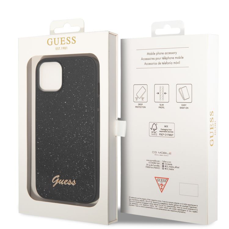 Guess PC/TPU Glitter Flakes Case with Script Metal Logo iPhone 14 Compatibility - Black