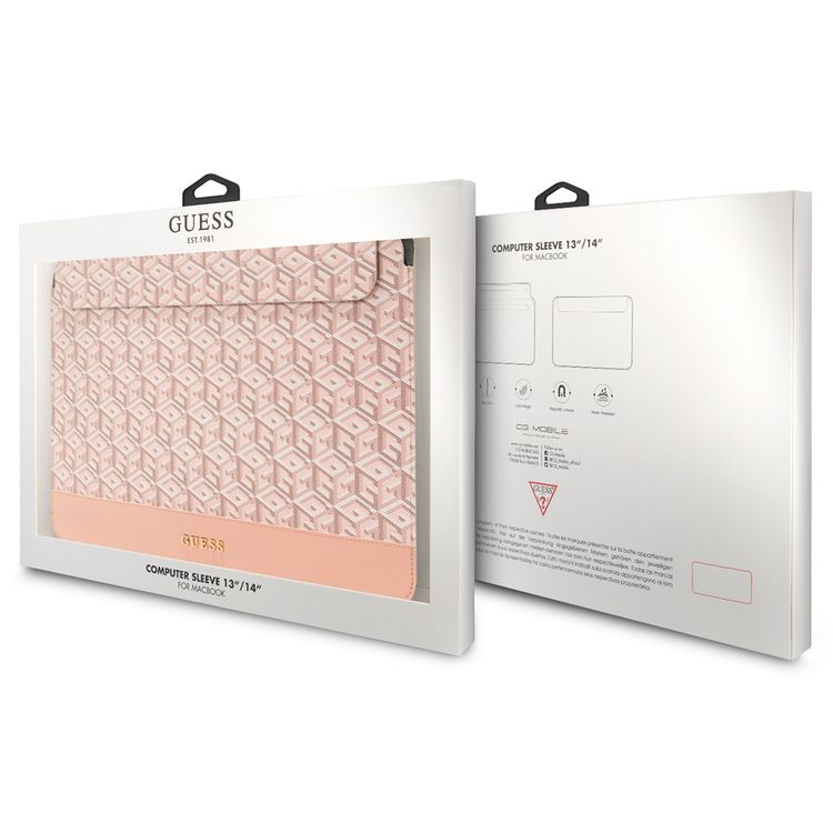 Guess Gcube Stripes Computer Sleeve for MacBook 13"/14" with Synthetic Leather Material, Magnetic Lock, Water Resistant - Pink