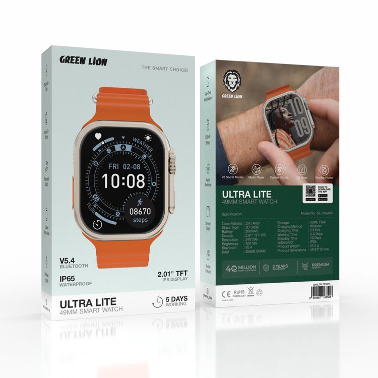 Green Lion Ultra Light Smart Watch with 5 Days Working Time, Bluetooth Version 5.4, IP65 Water Resistance Level,  2.01" TFT IPS Display, 200mAh Battery Capacity, Real-Time Notifications, Health Monitoring, Dynamic Island, Weather Forecast, Always-On Display, Featherlight Design - Titanium