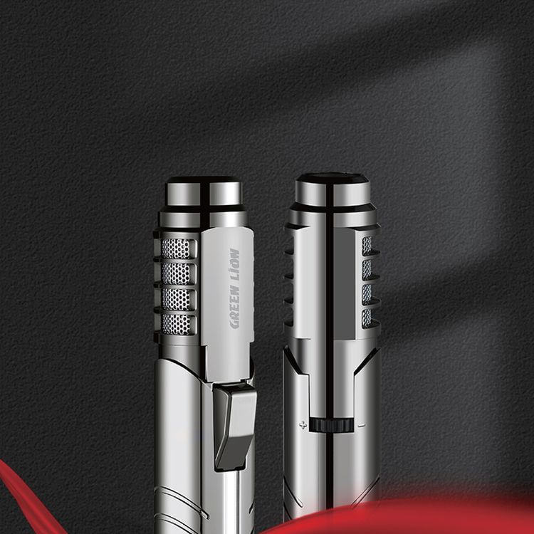 ولاعة جرين ليون بنفاثة مقاومة للرياح بقدرة 183 مل، بحرارة 1300 درجة مئوية، بارتفاع لهب يصل إلى 16 سم، نوع غاز البيوتان، مع فتحات تبريد، قفل أمان، مصنوعة من مواد ABS وسبائك الزنك، مع لهب قابل للتعديل - فضي.