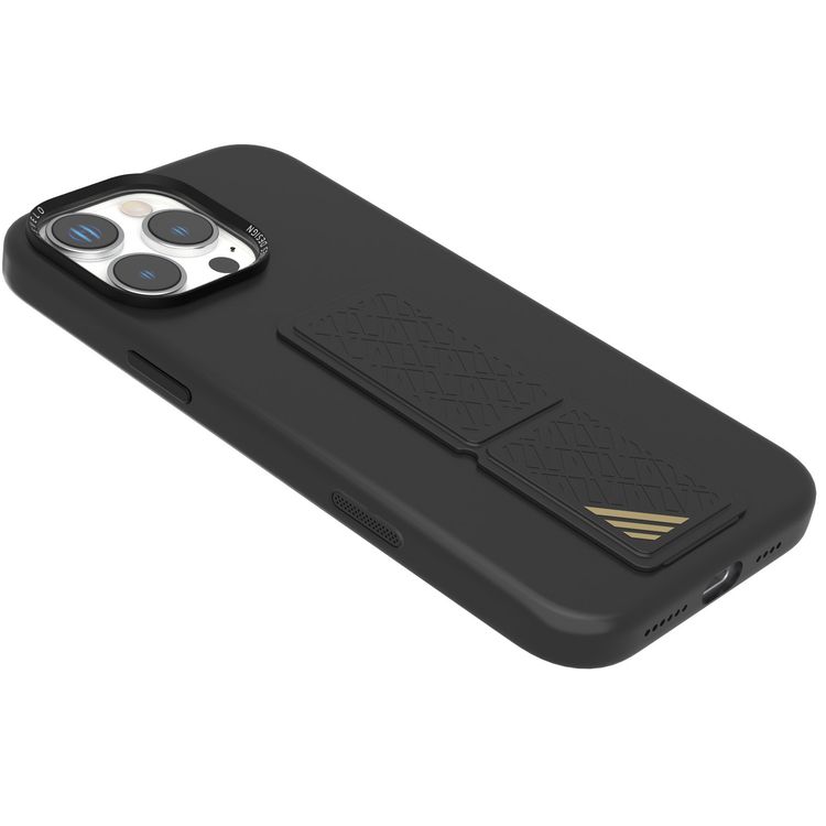 كفر حماية سيليكون Levelo Morphix مع قبضة جلدية لهاتف iPhone 16 Pro، حلقة معدنية للكاميرا، حامل متعدد الوظائف، زوايا مقاومة للصدمات، مواد فائقة المتانة - أسود