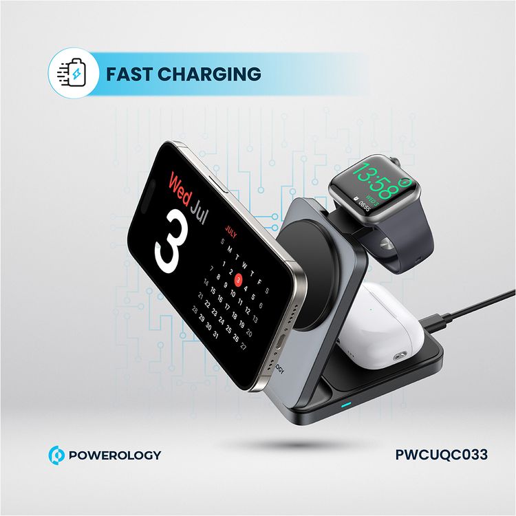 Powerology 3-in-1 Foldable Wireless Magnetic Charging Hub, Fast Charging, Multi-Device, Horizontal & Vertical View, Type-C Input Interface, Lightweight & Portable, Qi2 for iPhone 15 & 16, 15W Magsafe Power, 2.5W Watch Power, 5W Earbuds Power, 9V/3A & 12V3A Input, Foldable Design - Black