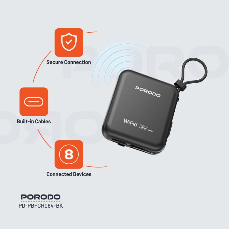 Porodo Portable 4G LTE WiFi Router,10000mAh Battery Capacity, 150Mbps Download Speed, 50Mbps Upload Speed, Built-in Cables, Secure Connection - Black