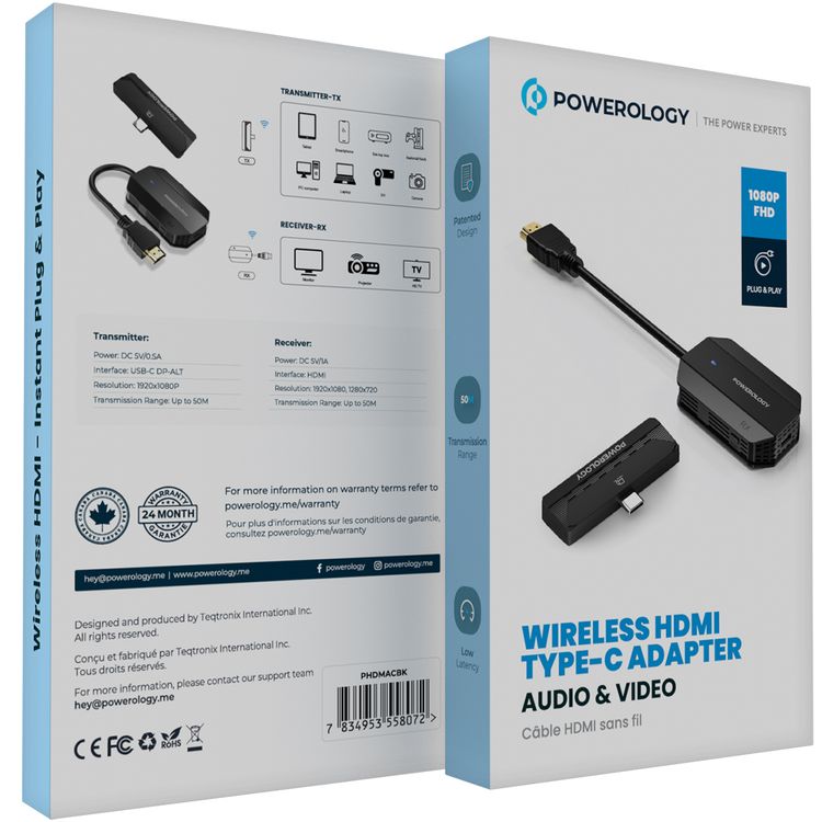 Powerology Wireless HDMI Type-C Adapter for Audio & Video with 50m Transmission Range, 1080P Resolution, Low Latency, Plug and Play - Black