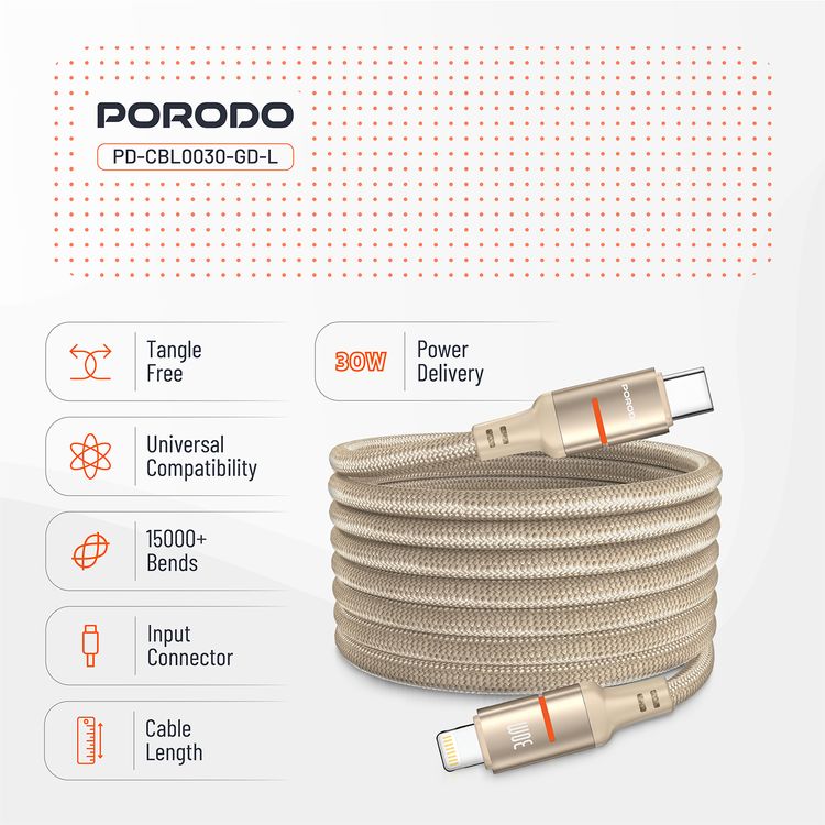 Porodo Type-C to Lightning Magnetic Braided Cable with 30W Power Delivery, 1.2m Cable Length, More than 15,000 Bends Lifespan, Tangle-Free Design - Gold