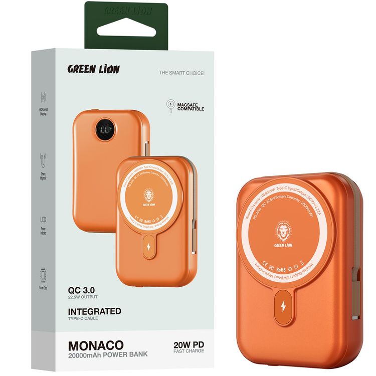 Green Lion 20000mAh Monaco MagSafe Power Bank with Built-in Type-C Cable, LCD Display, 20W Power Delivery, Magnetic Attraction, Compact Design - Orange