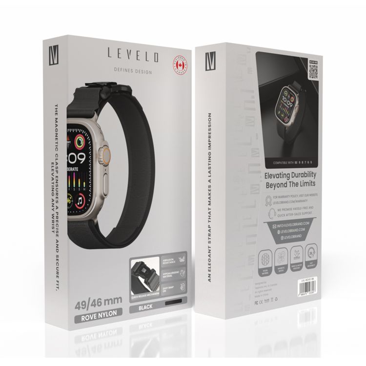 Levelo Rove Nylon Watch Strap with Magnetic Buckle, Compatible with 49/46mm Smartwatches & Apple Watch SE, Series 9, 8, 7, 6, 5, Abrasion Resistance, Hypoallergenic Material, Easy Snap-On & Quick Release Mechanism, Water-Resistant, Sweat-Resistant, 24/7 Wearability - Black