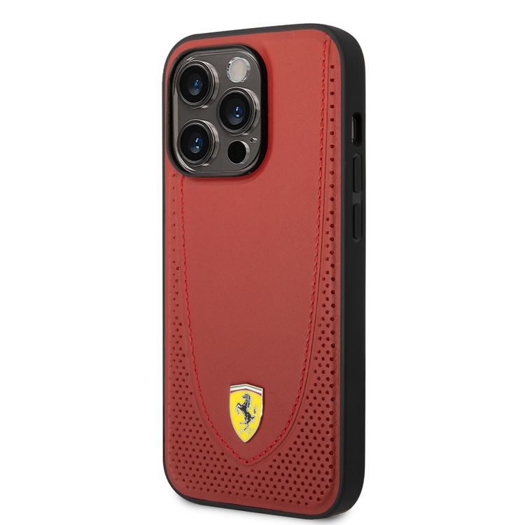 CG Ferrari Magsafe Compatibility Genuine Leather Hard Case with Curved Line Stitched iPhone 14 Pro Max Compatibility - Red