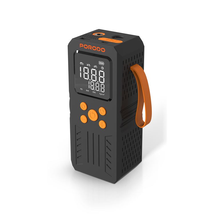 Porodo 4 In 1 Multi-Tool Inflator & Jump Starter with 15,200mAh Battery capacity, Smart Air Pump, 150 PSI Max Pressure, Accurate LCD Gauge, 1000A Peak Current, Emergency LED Lighting, 50cm Air Hose - Black