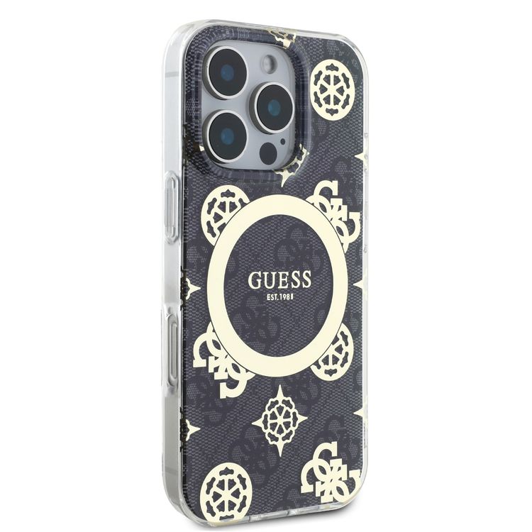 كفر حماية Magsafe IML 4G صلب بتصميم Guess مع زهرة الفاوانيا لهاتف iPhone 16 Pro Max، مادة عالية الجودة، خفيف الوزن، قبضة مريحة وآمنة - أسود