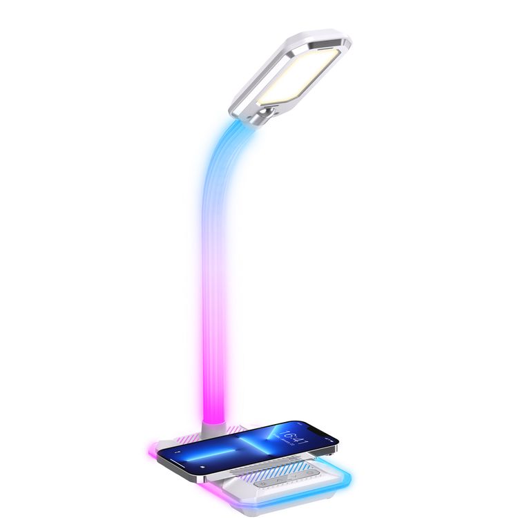 Porodo Gaming E-Sports Desk Lamp with Charging Base, Viewing Angle Adjustment, Colorful Light Adjustment, Brightness Levels, Plug & Play, 10W Max Wireless Output - White