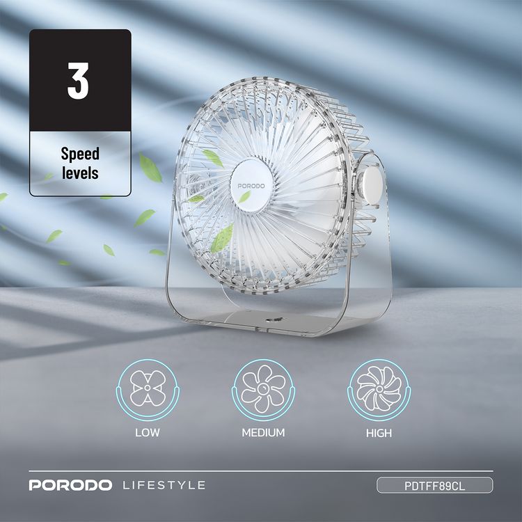 Porodo Portable Transparent Cooling Fan with Nightlight, 120° Oscillation, 3 Speed Levels, 3000mAh Battery Capacity, 3-9.5 Hours Working Time, 2.5 Hours Charging Time, ABS Material, Type-C Charging Interface, Whisper-Quiet Operation - Clear