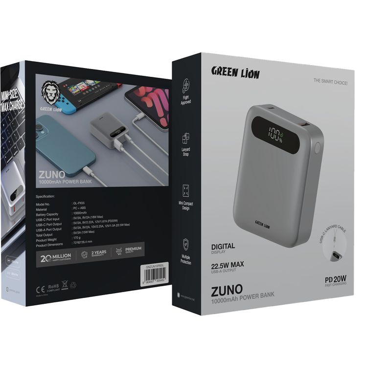 Green Lion Zuno 10000mAh Power Bank with Digital Display, 22.5W USB-A Output, 20W Power Delivery, Fast Charge Support, Flight-Approved, Mini Compact Design - Silver