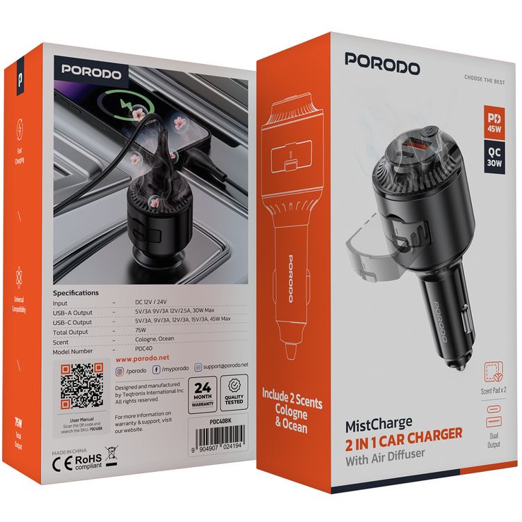 Porodo MistCharge 2-in-1 Car Charger with Air Diffuser, 45W PD, 30W QC, 75W Total Output, Cologne & Ocean Scents, 2 Scent Pads, Universal Compatibility, Fast Charging - Black