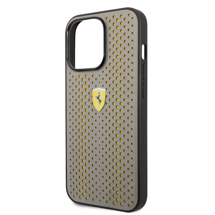 Ferrari PU Leather Perforated Case with Nylon Base & Yellow Shield Logo iPhone 14 Pro Compatibility - Yellow