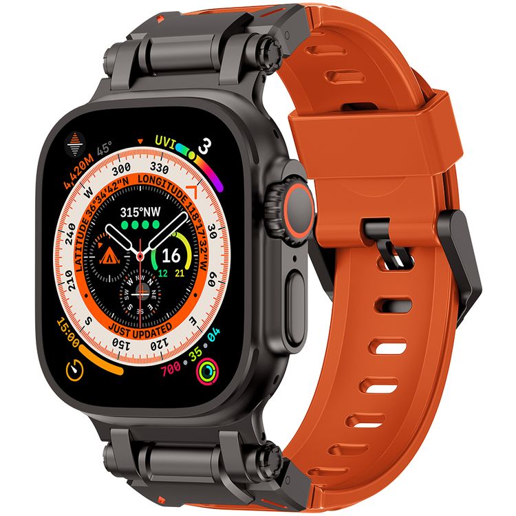 Levelo Kyoto Watch Strap, Apple Watch SE 9/8/7/6/5 (46/49mm), Fluoro Rubber & Stainless Steel Finish, Chemical Resistance, Hypoallergenic, 24/7 Wearability - Sunset Orange