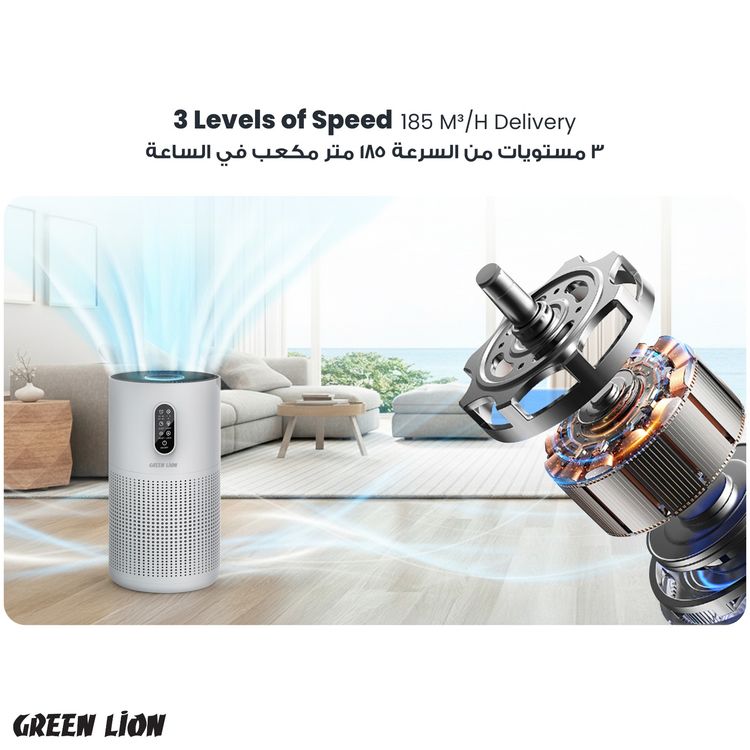 Green Lion Compact Air Purifier with 3-in-1 Filtration, 22W Rated Power, Up to 22m² Coverage Area, 3 Fan Speeds, Quiet Operation, Touch Display, Child-Lock Function, ABS Material, 4 Timer Options - White