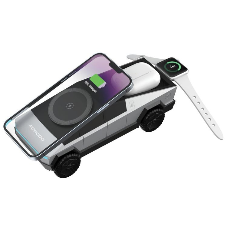 Porodo Cyber Dock 3-in-1 Wireless Charger with 15W Wireless Charging, 5W Earbuds Output, 2.5W Watch Output, 3-6mm Charging Distance, USB-C Charging Interface, 90°Motorized Rotation Stand - Gray