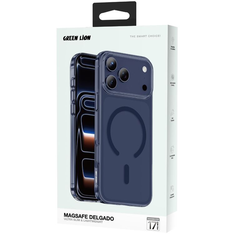 جراب جرين ليون ماج سيف ديلجادو لهاتف آيفون 17 برو ماكس، حماية فائقة من السقوط، حماية للكاميرا، وضوح فائق الدقة، مضاد لبصمات الأصابع، مضاد للخدوش، نحيف - أزرق