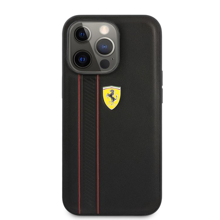 CG MOBILE Ferrari Genuine Leather Hard Case with Debossed Stripes Compatible ffor iPhone 13 Pro (6.1") Shock & Scratches Resistant, Easy Access to All Ports