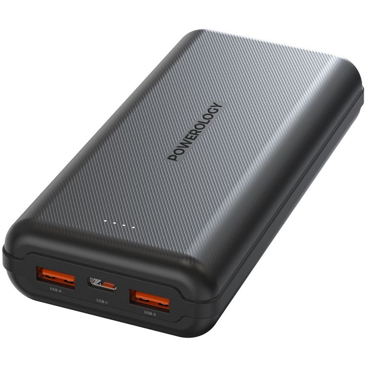 Powerology 20000mAh Power Bank with USB-C PD20w and 2xUSB-A QC 18W Port - Black