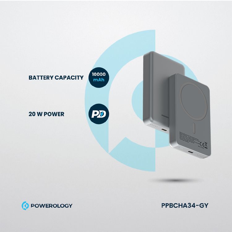 Powerology 10000mAh MagSafe Aluminum Power Bank with Battery Level Indicator, Lightweight & Compact Design, Fast & Simultaneous Charging, Type-C Input & Output, 15W Wireless Output - Gray