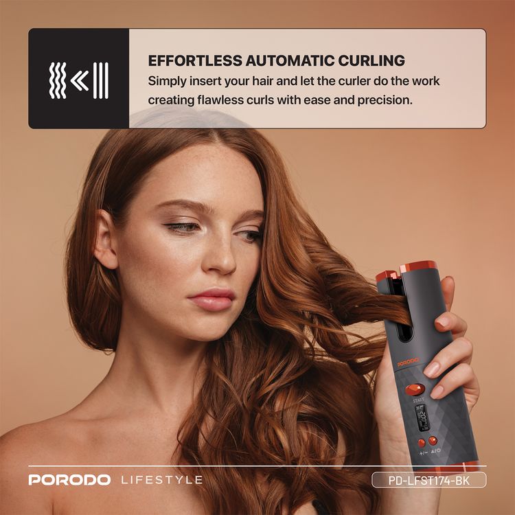 Porodo Automatic Hair Curler with Internal Dual Barrel, Effortless Automatic Curling, Cordless, 30 Minutes Working Time, Precise Heat and Timer Control, Standby Time 60 Minutes - Black