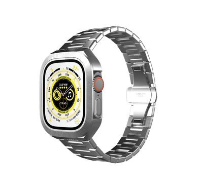 Levelo Royal Stainless Steel Strap & Case for Apple Watch 49mm, Butterfly Clasp, Adjustable Links, Quick & Convenient Removal - Silver