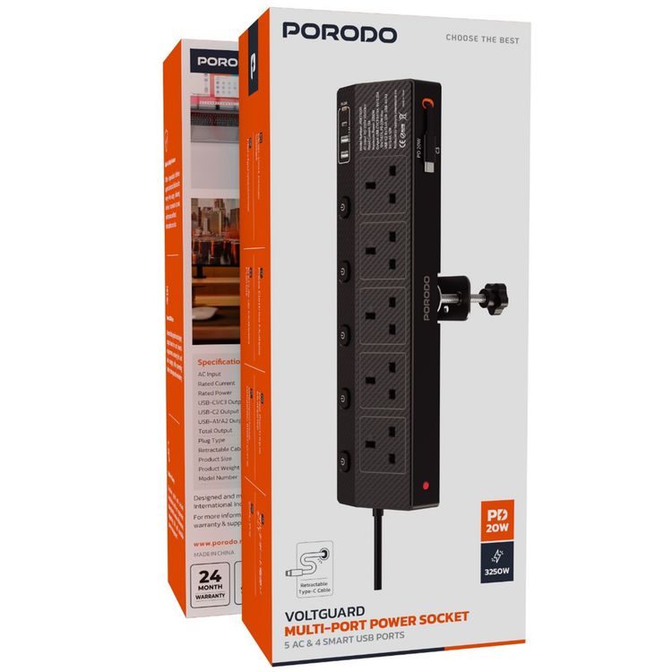 Porodo Voltguard Multiple Ports Power Socket with 80cm Retractable Type-C Cable, PD 20W, UK Plug,   5 AC Sockets, USB-A & USB-C Ports, Built-in Clamp - Black