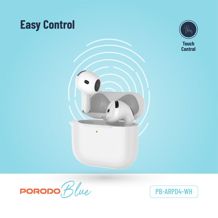 Porodo Blue ENC Earbuds 4 with 20 Hours Working Time, Wireless Charging, Deep Bass, Touch Control - White