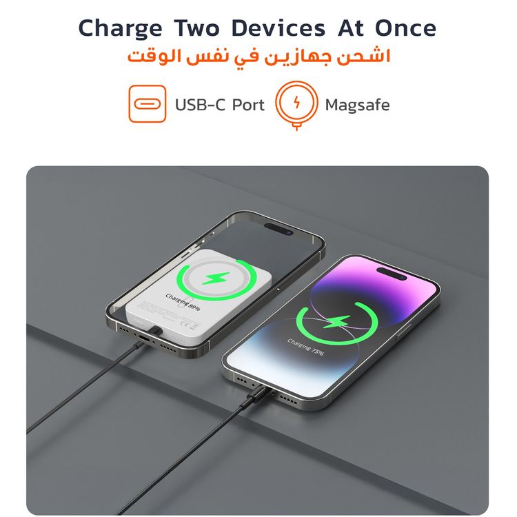 بورودو باور بانك MagSafe بسعة 10000mAh مع شحن سريع، تصميم محمول ومدمج، مدخل Type-C، مخرجات لاسلكية وType-C، درجة حرارة تشغيل من 10° C إلى 45° C، تثبيت مغناطيسي قوي، توصيل الطاقة بقوة 20 واط - أبيض.