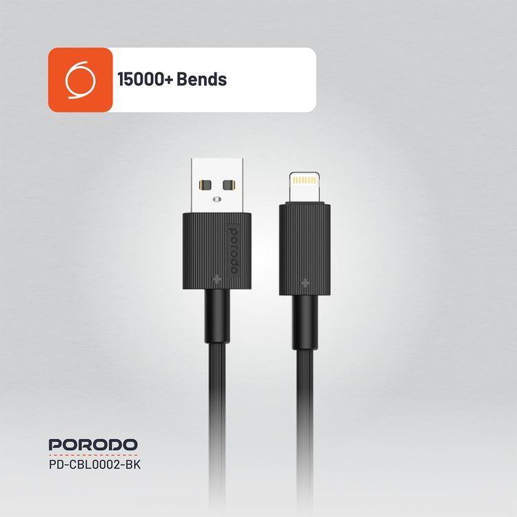 Porodo USB A to Lightning PVC Cable, 480Mbps, 2.4A Current, more than 15000 Bends Life Span, 1.2m Cable length, Tangle Free - Black