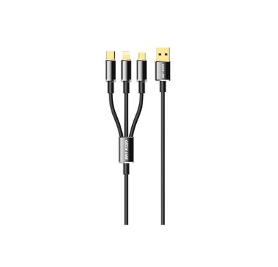 كابل Green Lion الشفاف 3 في 1 USB-A إلى USB-C + Lightning + Micro، بطول 1 متر، سرعة نقل 480 ميجابت في الثانية، تيار 3 أمبير، إمكانية الشحن السريع، توافق واسع، مضفر شفاف - أسود