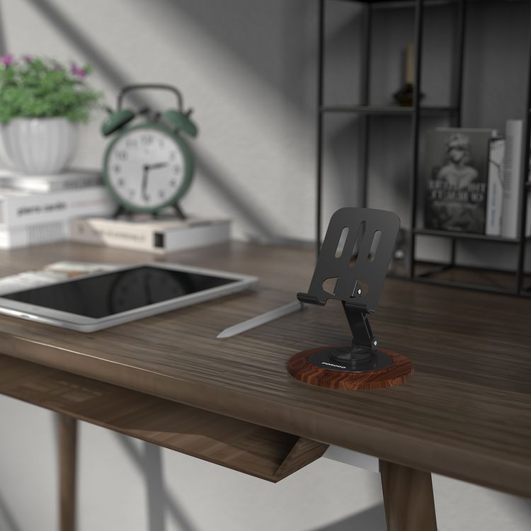 Porodo Blue 360° Rotating Base Desktop Phone Holder with  Foldable Design, Stable and Non-Slip Base, Adjustable Arm, Horizontal and Vertical Viewing, Durable Material, 2kg Load Capacity - Black