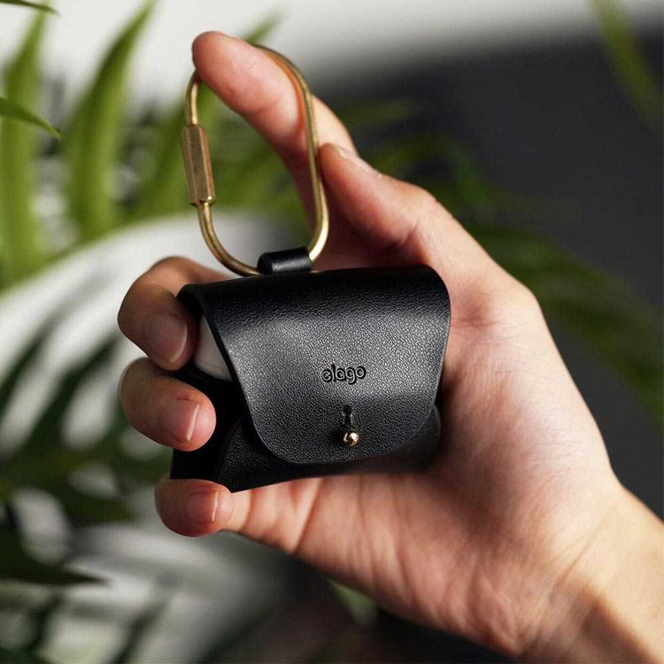 Elago Genuine Leather Case Compatible with Apple Airpods Pro, Vintage Design, Supports Wireless Charging, Brass Ring Holder, Anti-Slip Case, Shock Proof, Bring as Keychain - Black