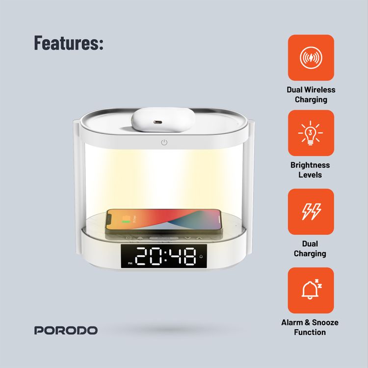 Porodo Bedside Light with Wireless Charger and Digital Clock, 3 Brightness Levels, Dual Wireless Charging, Alarm and Snooze Function, Digital Display - White
