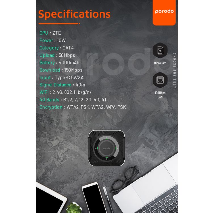 Porodo Home & Outdoor Portable Router 4G & LTE, 40m Signal Distance, 12 Hours Working Time, Up-to 10 Devices Connection Ability, 100Mbps LAN, Built-in Battery, Micro SIM, CPE & MiFi, CAT4 Category, 150Mbps Download Rates & 50Mbps Upload Rates - Black / Gray