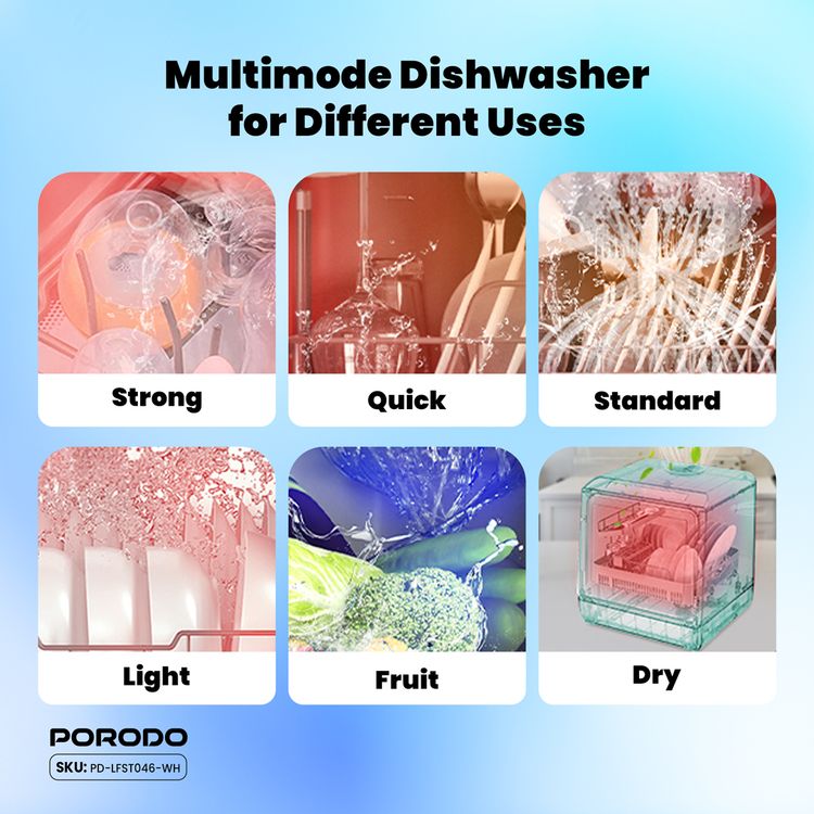 Porodo Lifestyle Counter-Top Dishwasher 220V, 5L Water Tank Capacity, 25L Space Capacity, Hot Air Drying, Hygienic Cleaning Power, UV Sterilization - White