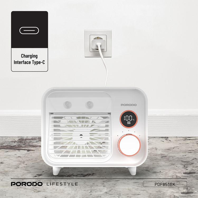 Porodo Mini Mist Fan Desktop Air Cooler with LED Display & Knob Control, 250mL Tank Capacity, 2000mAh Battery, 7.4W Rated Power, Up to 7 Hours Working Time, USB-C Charging Port, 5 Speed levels, Instant Cooling Mist - White