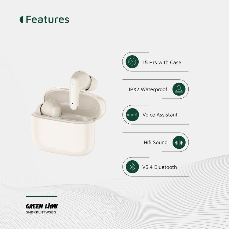 Green Lion Brooklyn True Wireless Earbuds with Voice Assistant, 4 Hours Playtime, Built-in Microphone, HiFi Sound, Touch Control, Dual-Mic - Beige